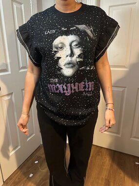 Lady Gaga Upcycled Band Tee with Rhinestones and Ruffle Sleeve